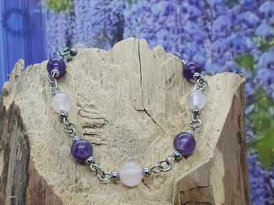 #1092- bracelet quartz rose et améthyste 6 mm