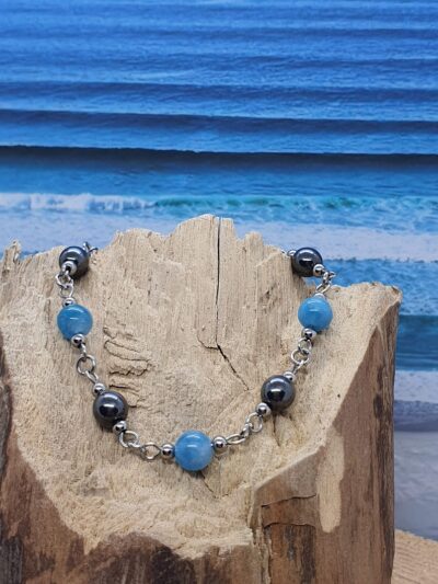 #1091 - bracelet perles calcédoine bleue et hématite 6 mm – Image 2