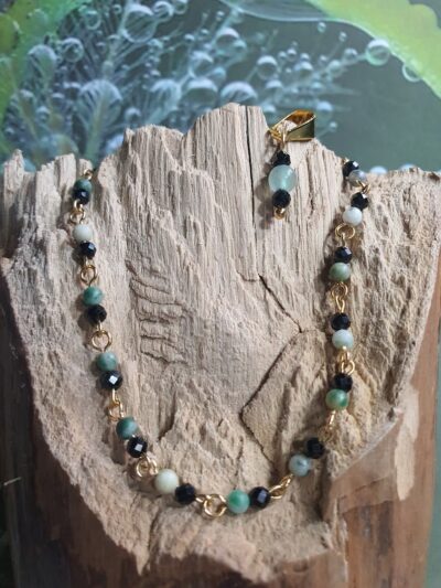#1103 - bracelet fin jade vert et spinelle noire 3 mm et inox
