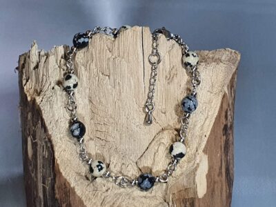 #1128 - bracelet jaspe dalmatien et obsidienne flocon de neige