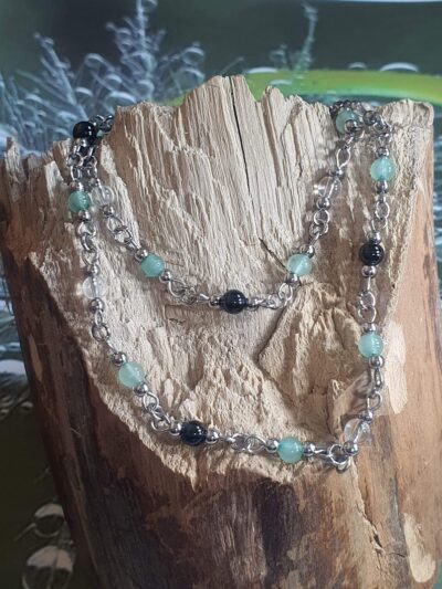 #1126 - Collier ras de cou aventurine verte, cristal de roche et obsidienne arc en ciel – Image 2