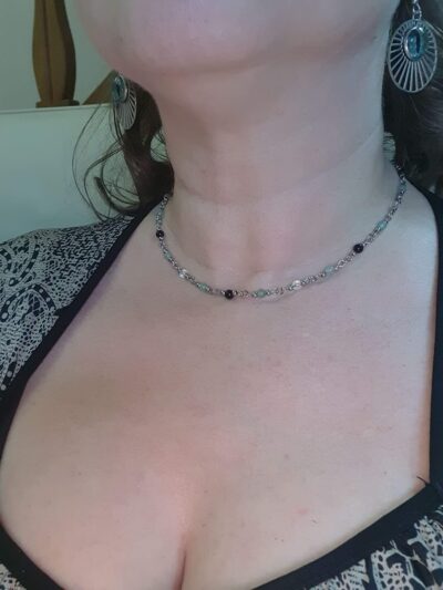 #1126 - Collier ras de cou aventurine verte, cristal de roche et obsidienne arc en ciel