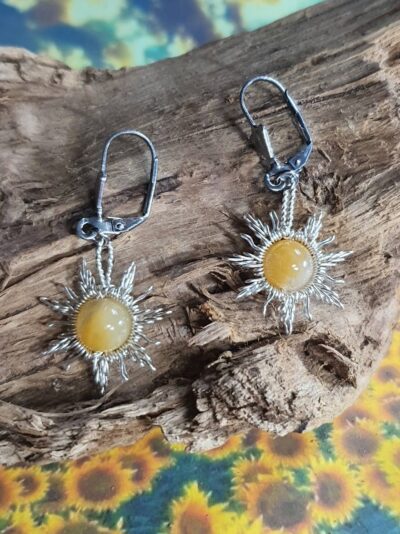 boucles d'oreilles design soleil aventurine jaune