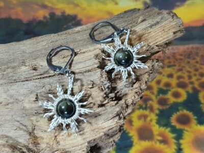 #1144 - boucles d'oreilles SOLEIL obsidienne dorée
