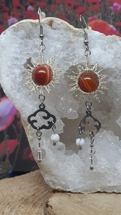 boucles d'oreilles météo design soleil cornaline sur druse de quartz