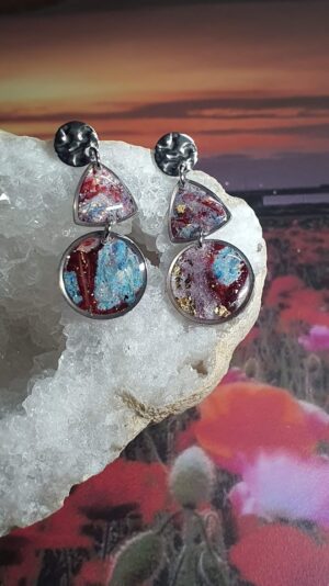 boucles d'oreilles éclat d'or bleu et rouge formes géométriques