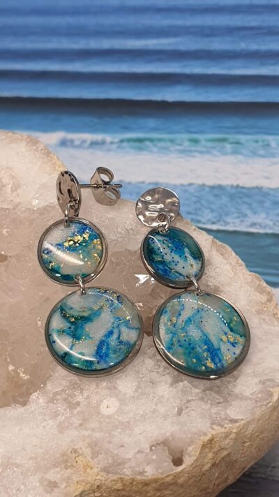boucles d'oreilles métamorphose "océan" double disque bleu