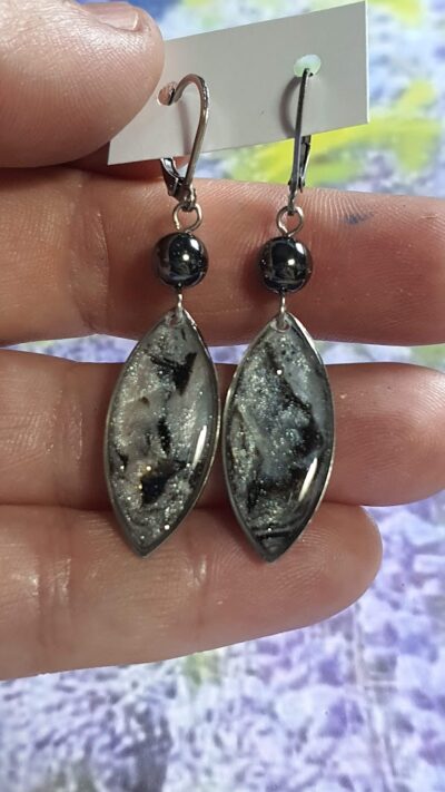 #1245 - boucles d'oreilles marquise Métamorphose tourbillon céleste et obsidienne flocon de neige – Image 2