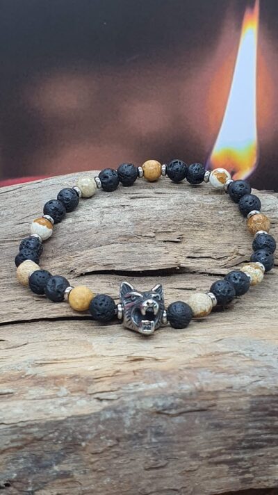 bracelet homme tête de loup jaspe paysage et pierre de lave6 mm