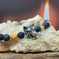 bracelet homme tête de loup jaspe paysage et pierre de lave6 mm