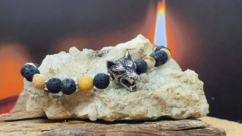 bracelet homme tête de loup jaspe paysage et pierre de lave6 mm