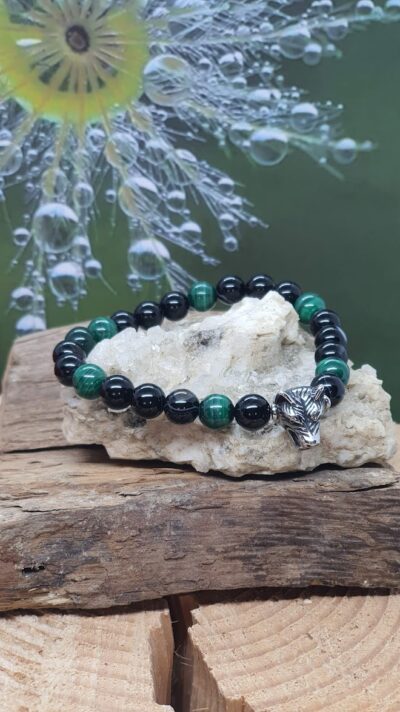 bracelet homme agate à bandes et malachite avec tête de loup en inox