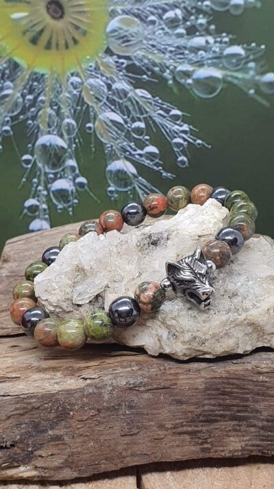 bracelet homme tête de loup inox et perles unakite et hématite 8 mm