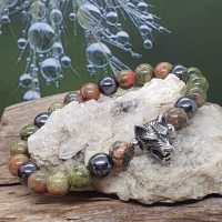 bracelet homme tête de loup inox et perles unakite et hématite 8 mm