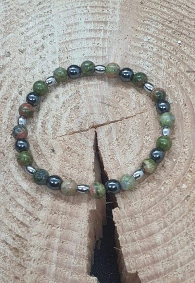 Le bracelet femme "Harmonie Naturelle" en perles unakite, hématite et inox oblongues