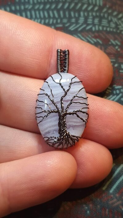 pendentif agate blue lace arbre de vie gun metal