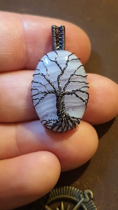 #1347 - Pendentif agate blue lace arbre de vie gun metal – Image 2