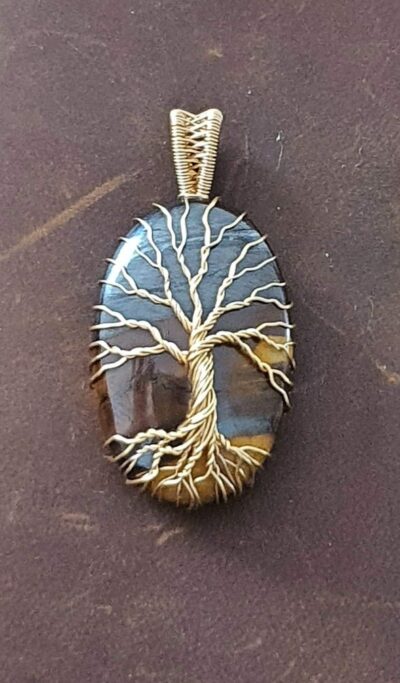 pendentif oeil de tigre marabamba arbre de vie wire wrapping fil doré