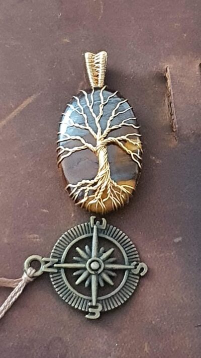 pendentif oeil de tigre marabamba arbre de vie wire wrapping fil doré