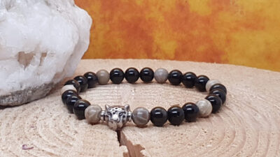 bracelet homme ou mixte corail fossile et obsidienne dorée 8 mm