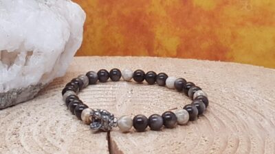 bracelet femme corail fossile et obsidienne dorée