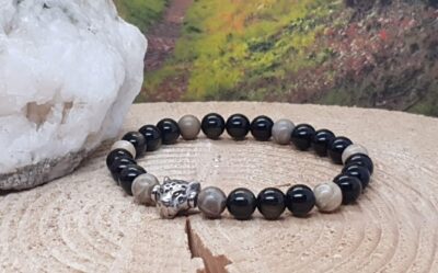 bracelet homme ou mixte corail fossile et obsidienne dorée 8 mm