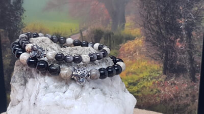bracelet femme corail fossile et obsidienne dorée