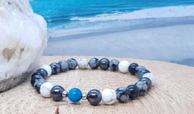 bracelet homme ou mixte 8 mm apatite howlite, hématite et obsidienne flocon de neige