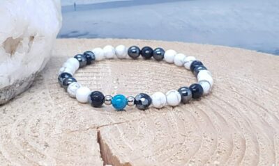 bracelet pierre naturelle apatite, howlite, hématite, obsidienne flocon de neige