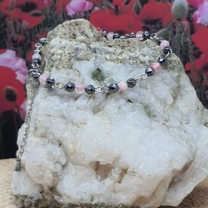 bracelet hématite et quartz rose facettée 4 mm et acier inoxydable