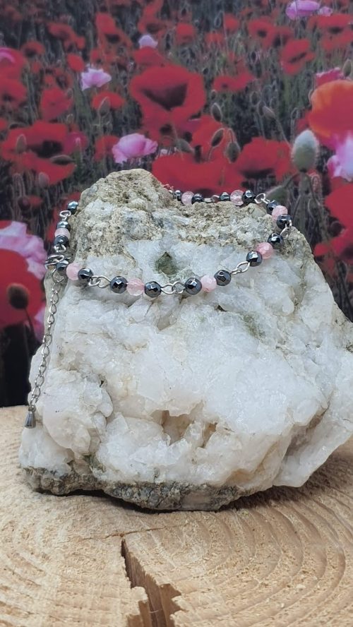 bracelet hématite et quartz rose facettée 4 mm et acier inoxydable
