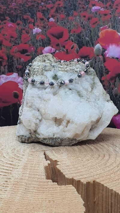 bracelet hématite et quartz rose facettée 4 mm et acier inoxydable
