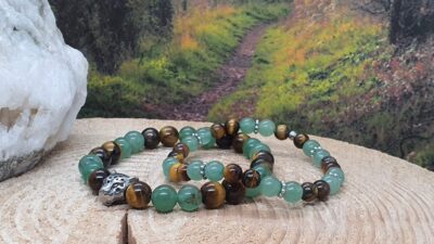 bracelet homme ou mixte en aventurine verte et en oeil de tigre 8 mm
