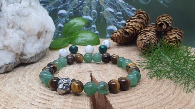 bracelet homme ou mixte en aventurine verte et oeil de tigre 8 mm avec tête de panthère en inox