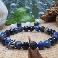 bracelet tête de mort lapis-lazuli et pierre de lave