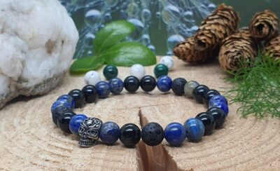 bracelet tête de mort lapis-lazuli et pierre de lave
