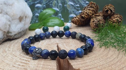 bracelet tête de mort lapis-lazuli et pierre de lave