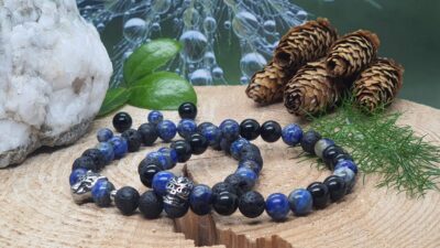 Bracelet lapis-lazuli et pierre de lave avec une tête de panthère