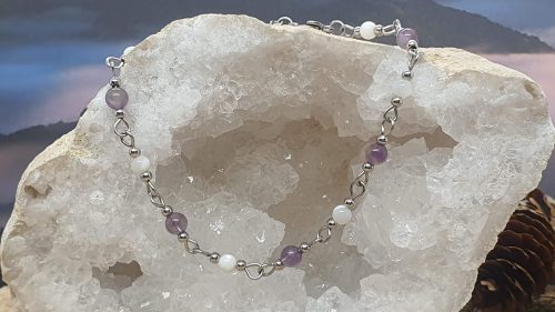 bracelet fin inox et perles 4 mm nacre et améthyste