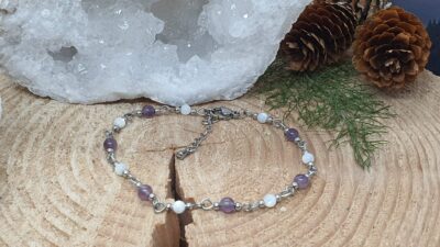 bracelet fin inox et perles 4 mm nacre et améthyste