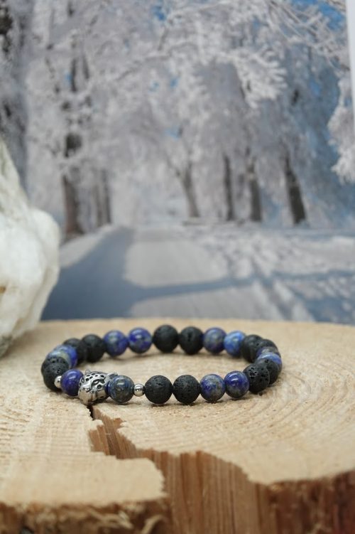 Bracelet lapis-lazuli et pierre de lave avec une tête de panthère