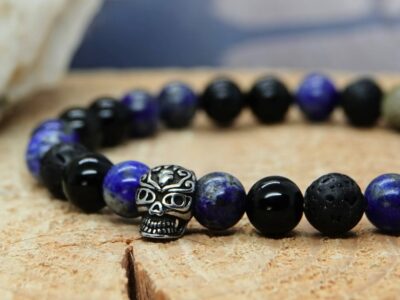 #1396 - bracelet homme ou mixte pour parure Elle & Lui Lapis-Lazuli et pierre de lave tête de mort design – Image 2
