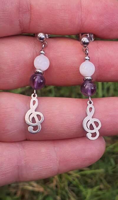 Boucles d'oreilles nacre et améthyste assorties au bracelet avec perles 6 mm, breloque musique