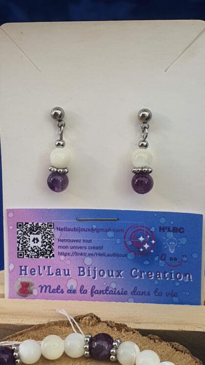 Boucles d'oreilles nacre et améthyste assorties au bracelet avec perles 6 mm