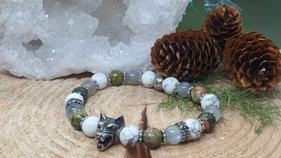 Bracelet howlite, labradorite et unakite 8 mm tête de loup