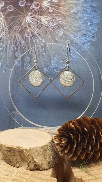 Boucles d'oreilles disque marbré en argile polymère et cerclage carré