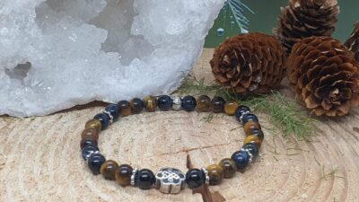 Bracelet élastique triple protection oeil de tigre, taureau et faucon pour femme avec perle inox noeud celtique