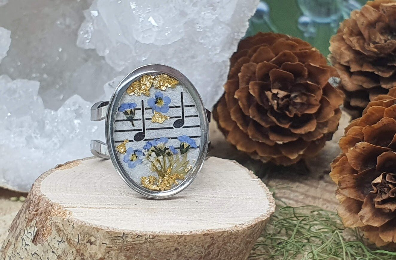 bague inox thème musique et fleurs