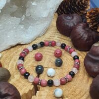 Bracelet perles 6 mm rhodonite, quartz rose et obsidienne oeil céleste