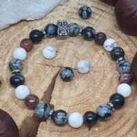 Bracelet rhodonite bicolore, obsidienne flocon de neige sur rondin